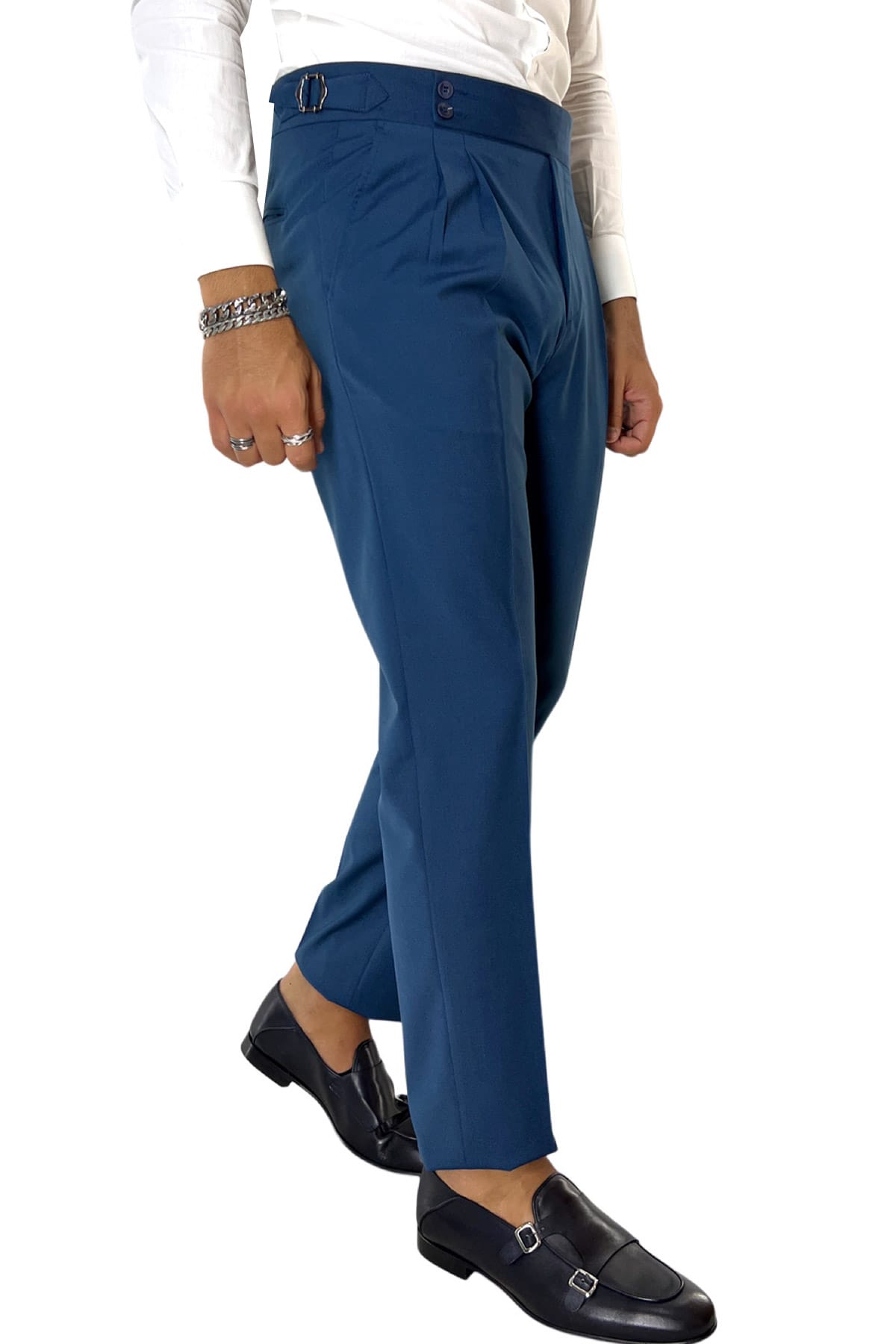 Pantalone uomo color petrolio vita alta doppia pinces in fresco lana made in Italy