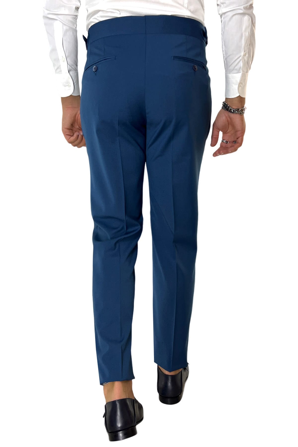 Pantalone uomo color petrolio vita alta doppia pinces in fresco lana made in Italy