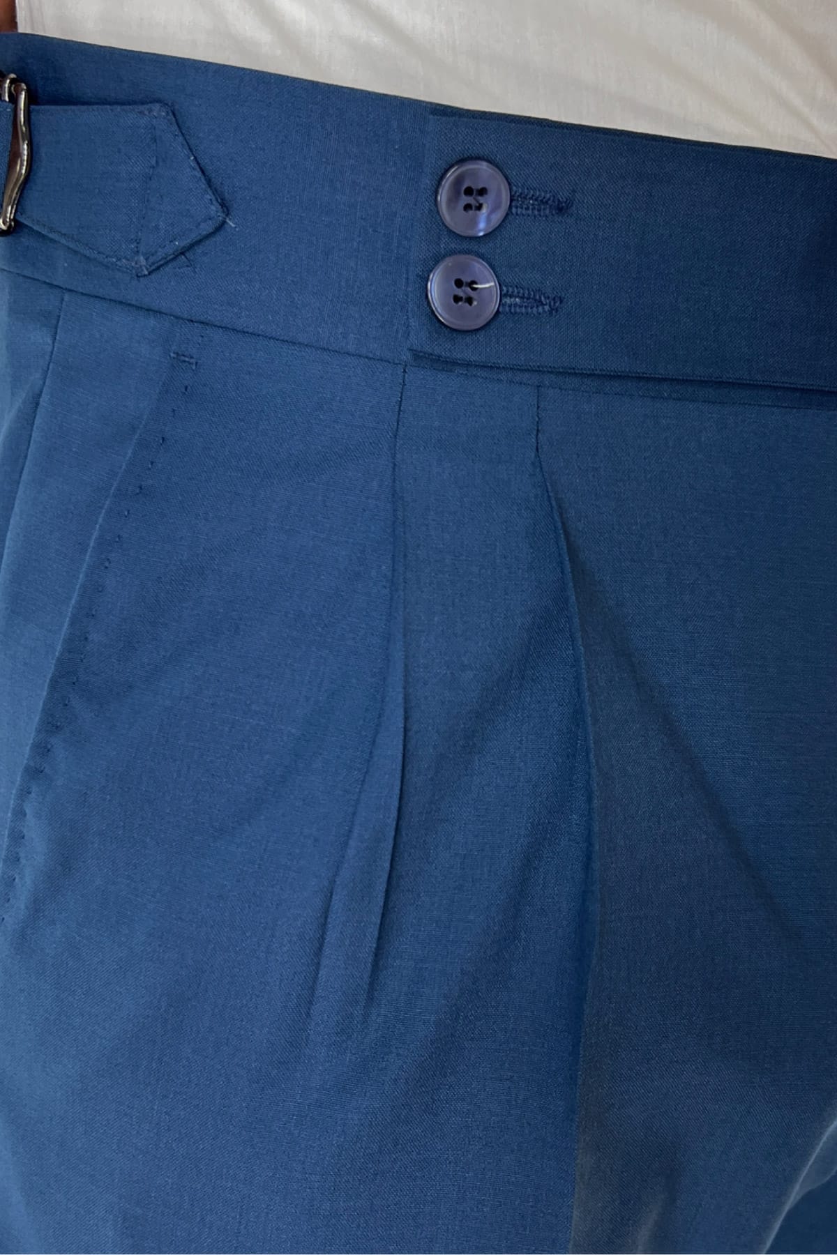 Pantalone uomo color petrolio vita alta doppia pinces in fresco lana made in Italy