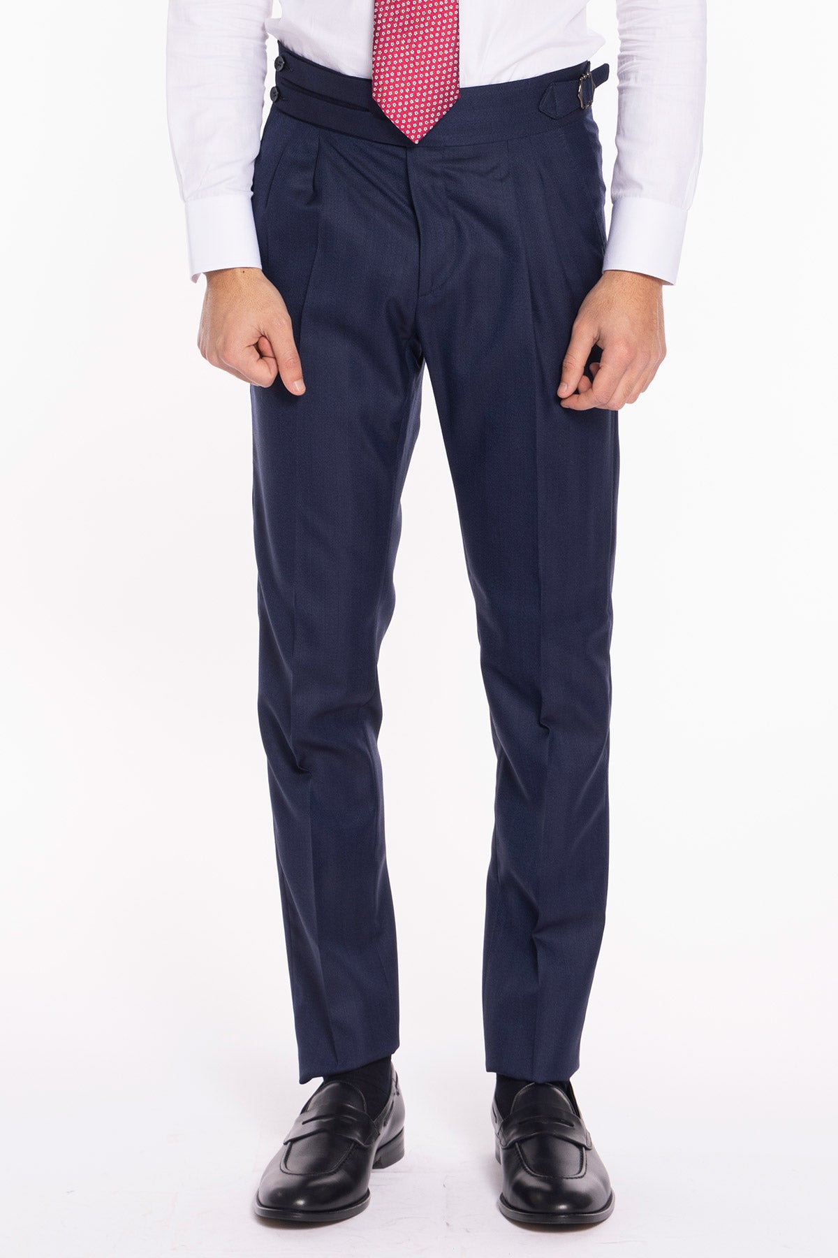 Pantalone uomo blu spigato vita alta modello biforcato in fresco lana 100% Vitale Barberis Canonico