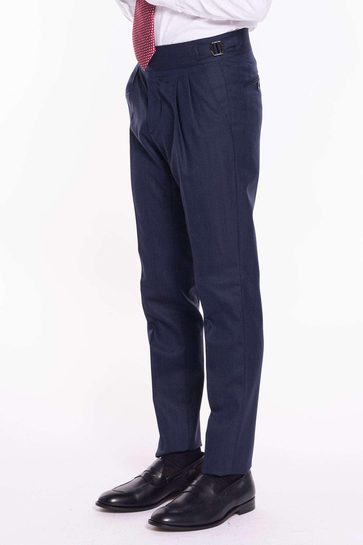Pantalone uomo blu spigato vita alta modello biforcato in fresco lana 100% Vitale Barberis Canonico