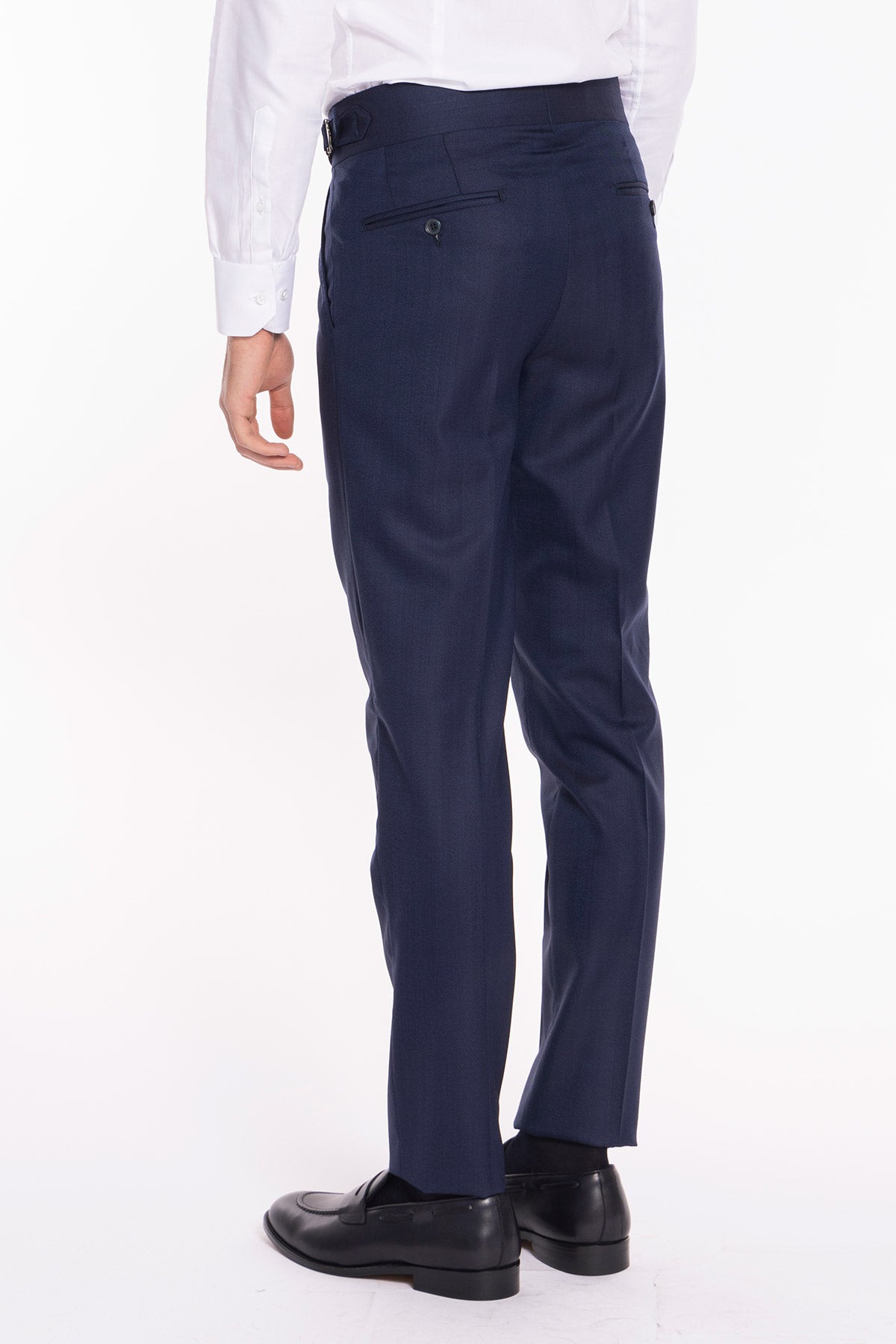 Pantalone uomo blu spigato vita alta modello biforcato in fresco lana 100% Vitale Barberis Canonico