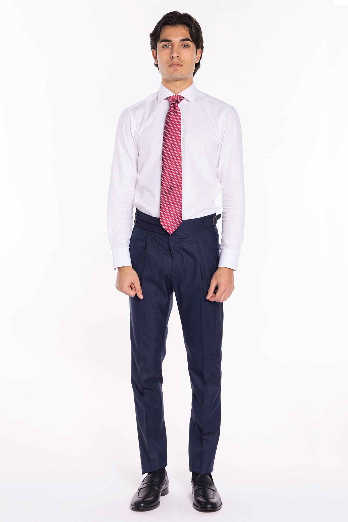 Pantalone uomo blu spigato vita alta modello biforcato in fresco lana 100% Vitale Barberis Canonico