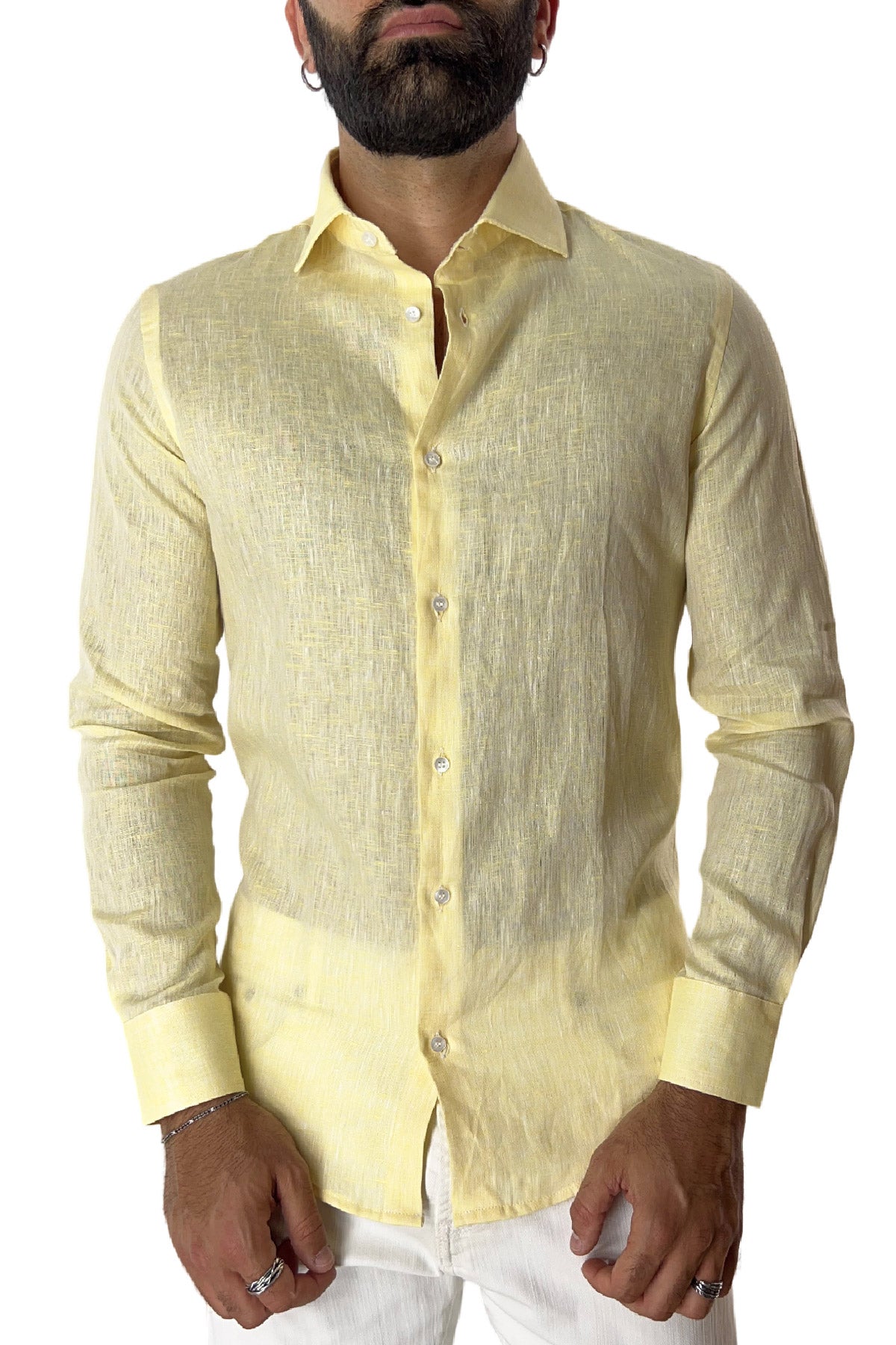 Camicia Uomo extra Slm fit 100% lino effetto melange Collo semi francese tinta unita