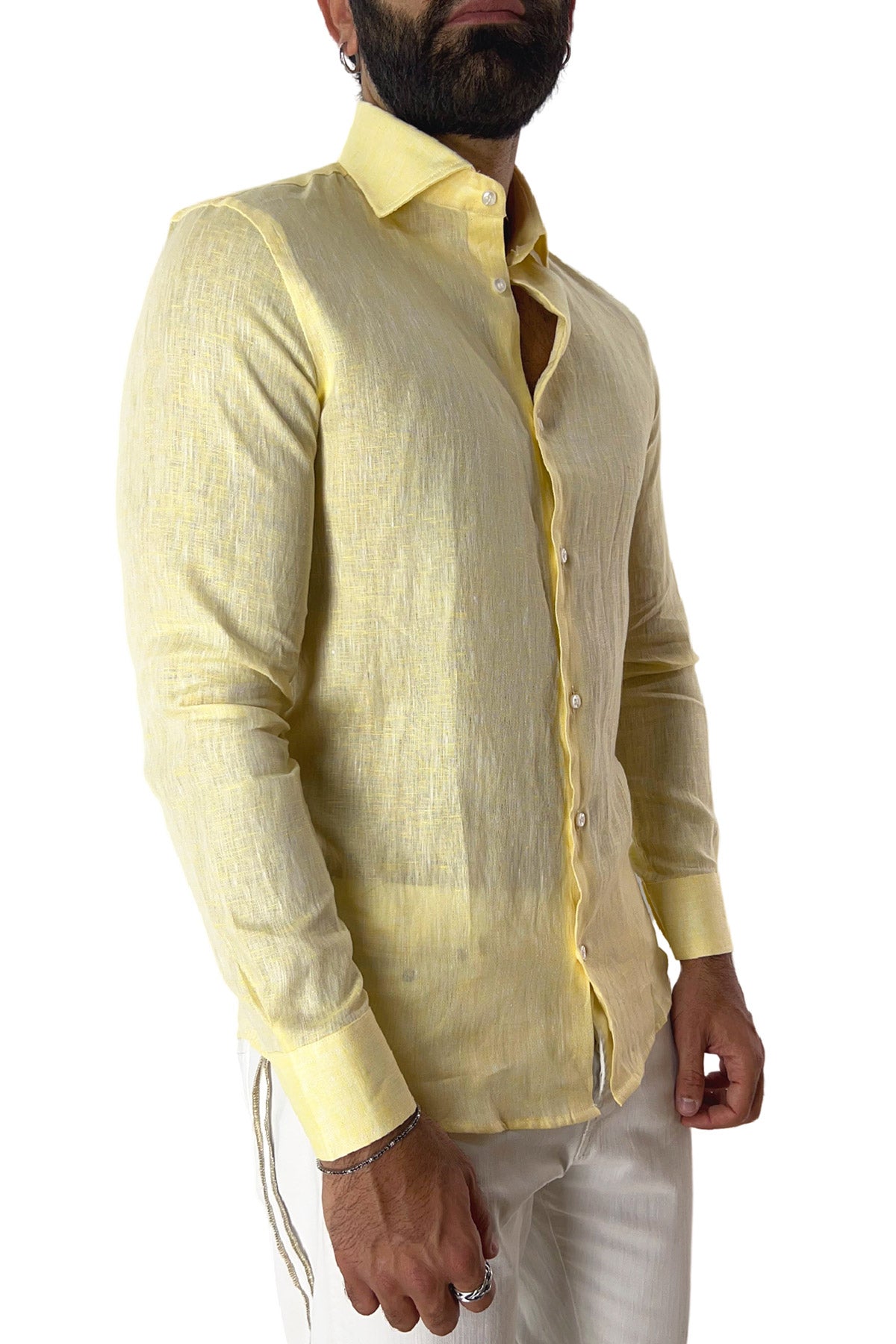 Camicia Uomo extra Slm fit 100% lino effetto melange Collo semi francese tinta unita