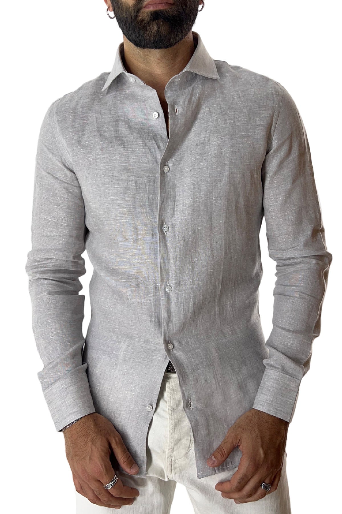 Camicia Uomo extra Slm fit 100% lino effetto melange Collo semi francese tinta unita