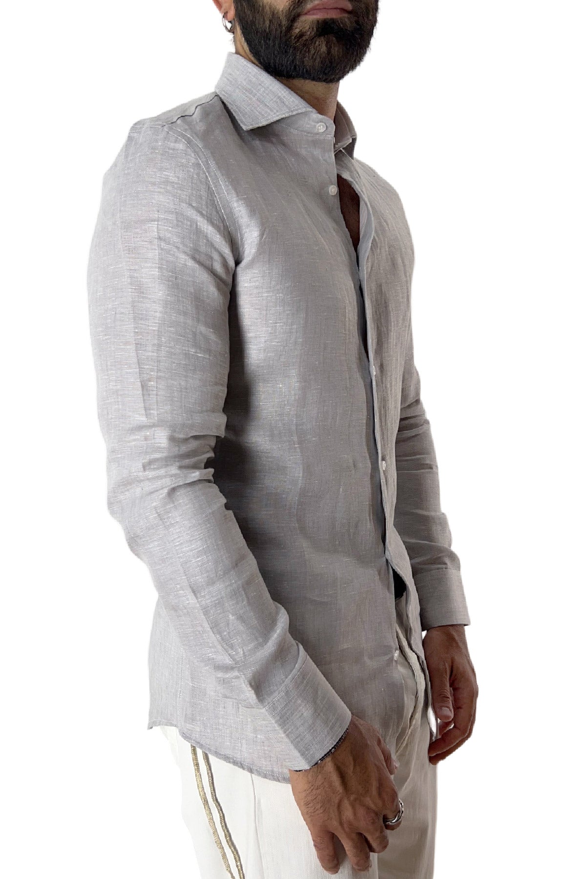 Camicia Uomo extra Slm fit 100% lino effetto melange Collo semi francese tinta unita