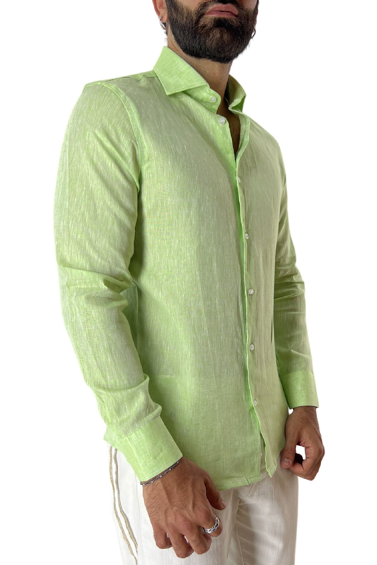 Camicia Uomo extra Slm fit 100% lino effetto melange Collo semi francese tinta unita