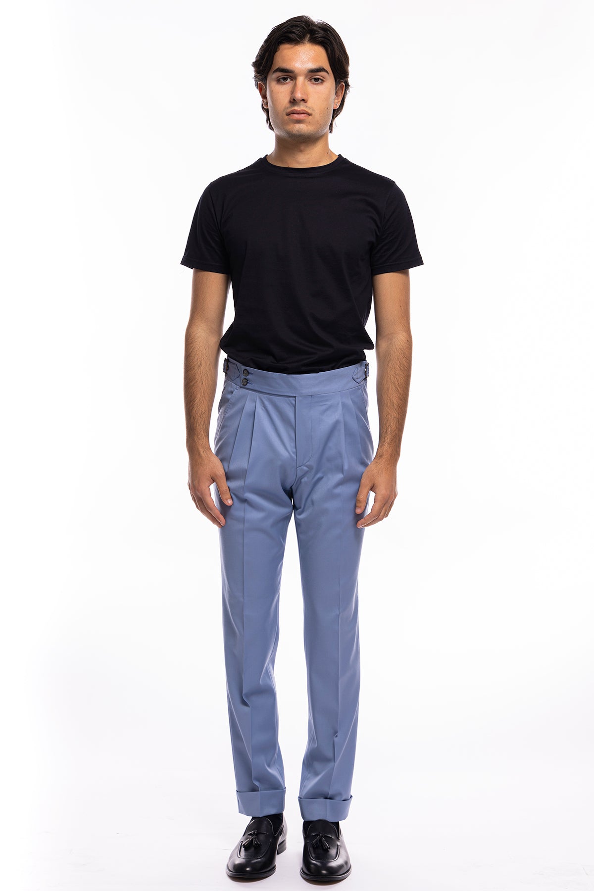 Pantalone uomo celeste vita alta doppia pinces in fresco lana super 120's Holland & Sherry