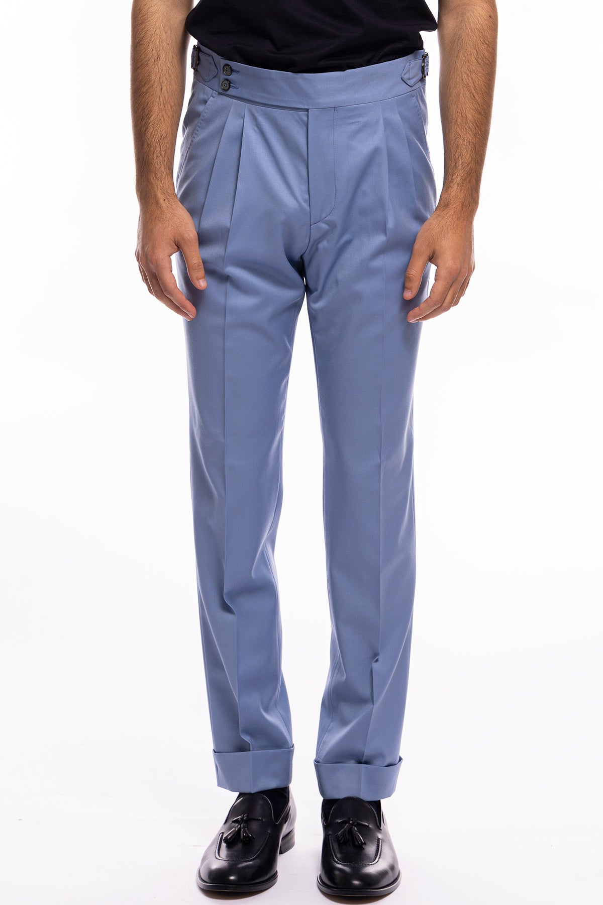 Pantalone uomo celeste vita alta doppia pinces in fresco lana super 120's Holland & Sherry