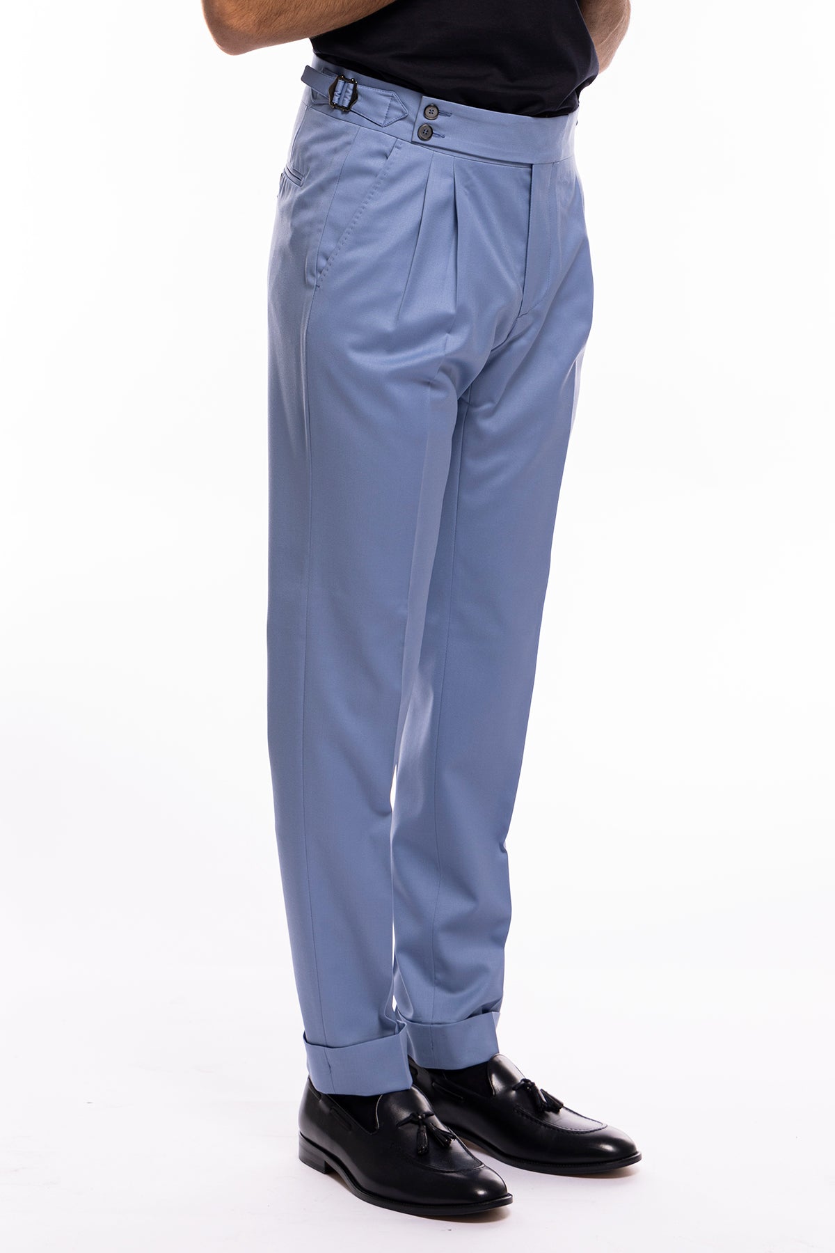 Pantalone uomo celeste vita alta doppia pinces in fresco lana super 120's Holland & Sherry
