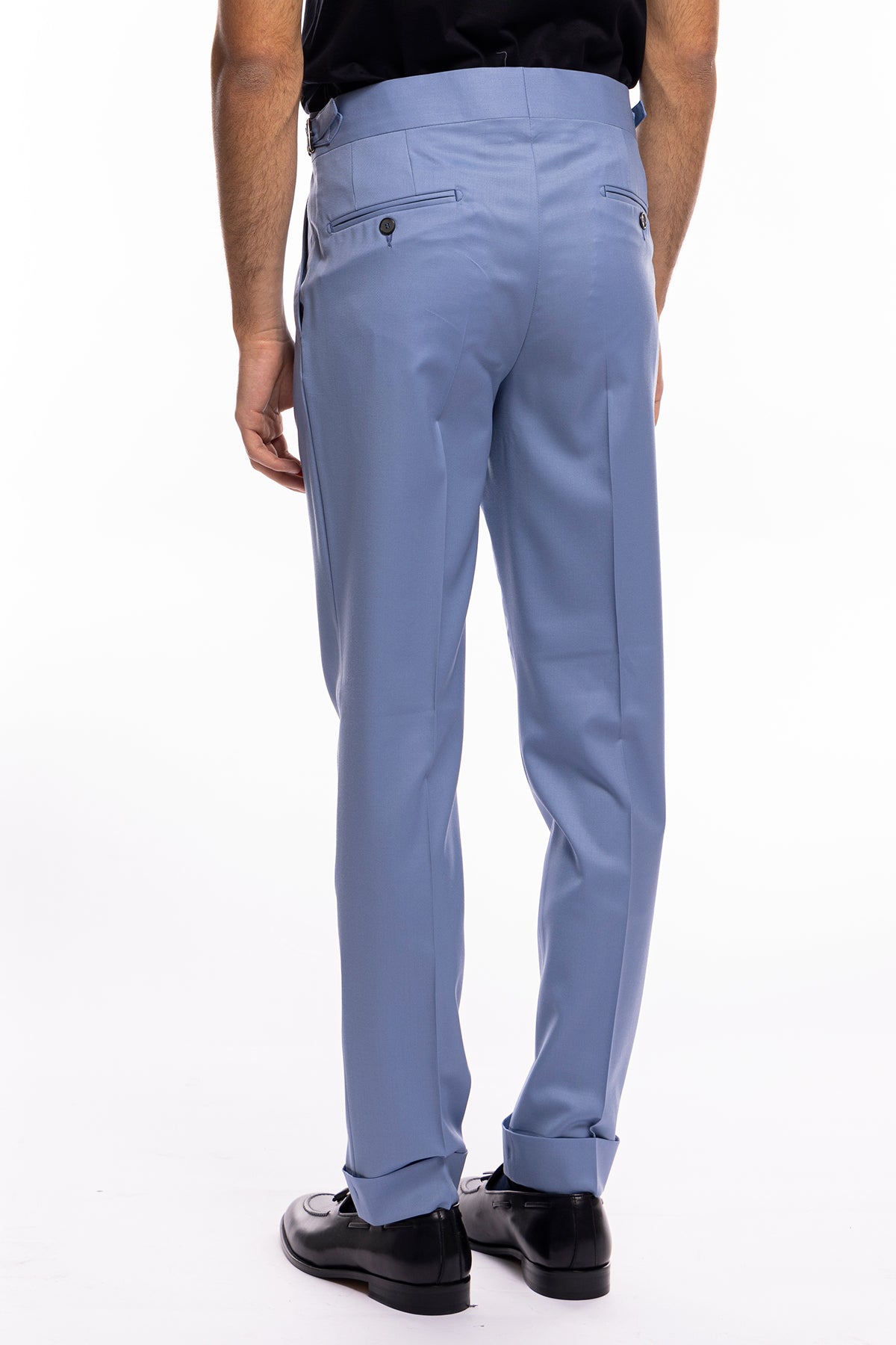 Pantalone uomo celeste vita alta doppia pinces in fresco lana super 120's Holland & Sherry