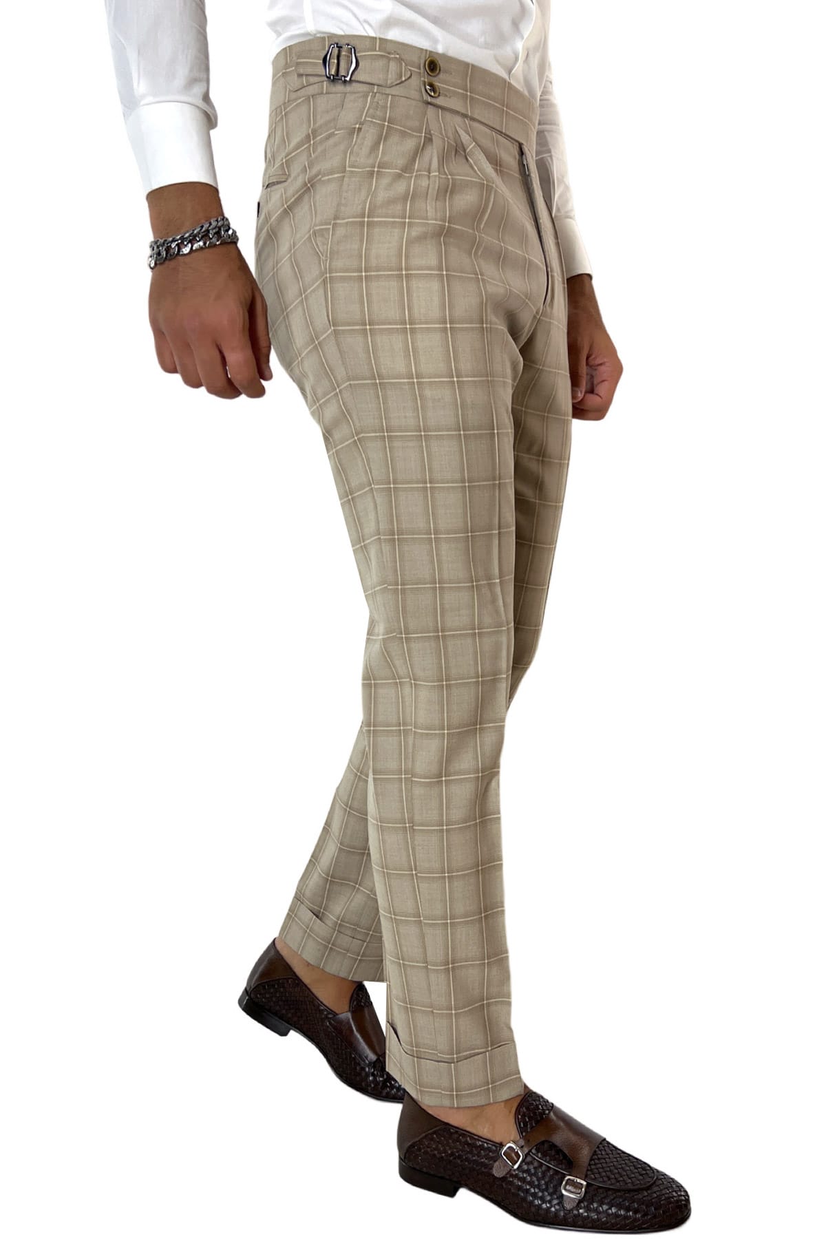 Pantalone uomo beige a quadri vita alta doppia pinces in fresco lana super 120's Holland & Sherry