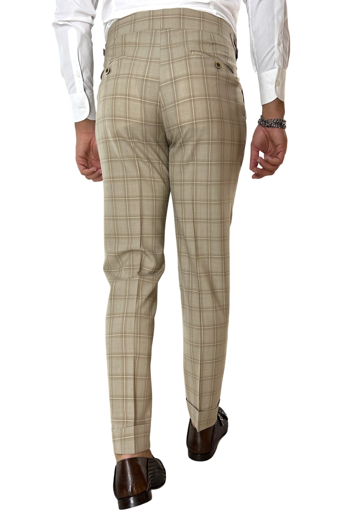 Pantalone uomo beige a quadri vita alta doppia pinces in fresco lana super 120's Holland & Sherry