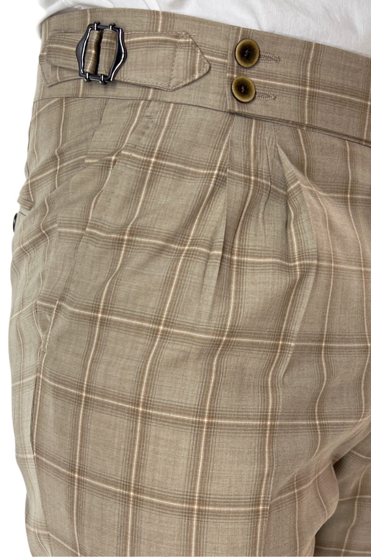 Pantalone uomo beige a quadri vita alta doppia pinces in fresco lana super 120's Holland & Sherry