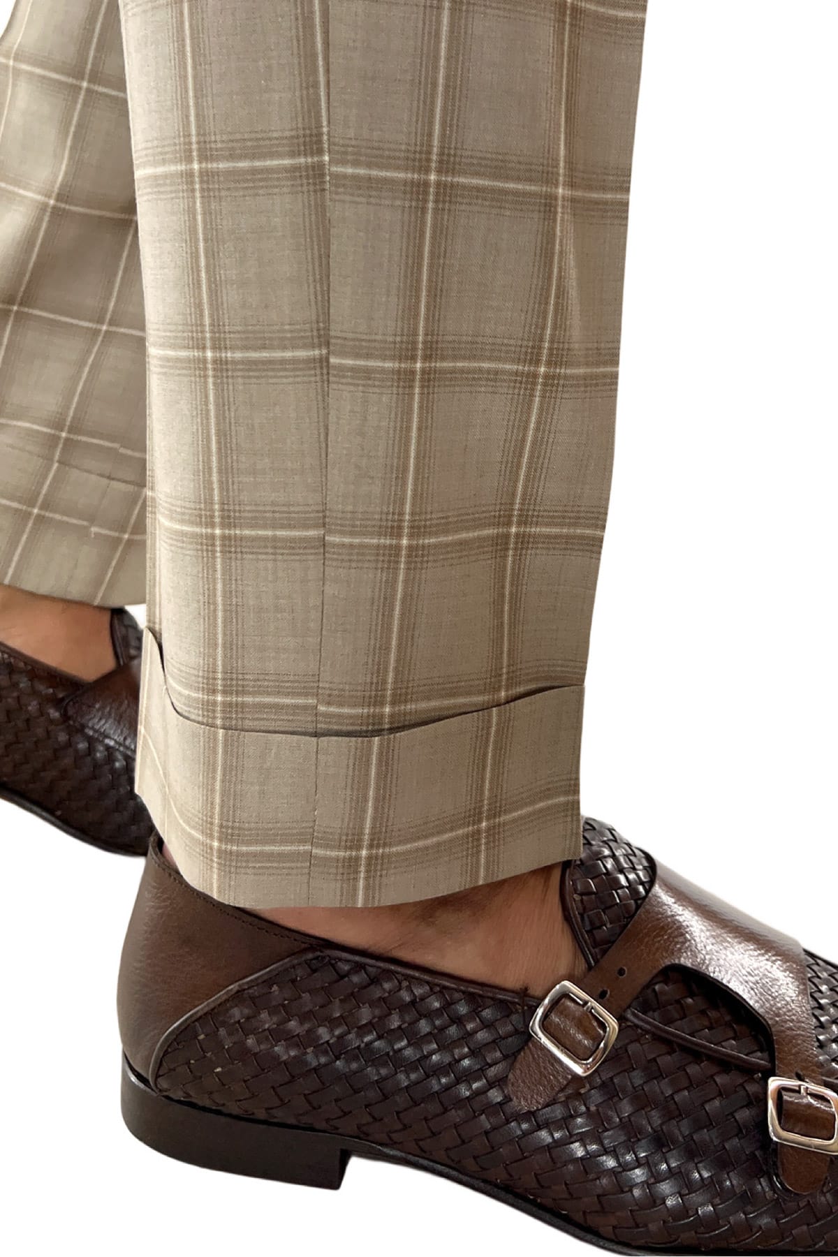 Pantalone uomo beige a quadri vita alta doppia pinces in fresco lana super 120's Holland & Sherry