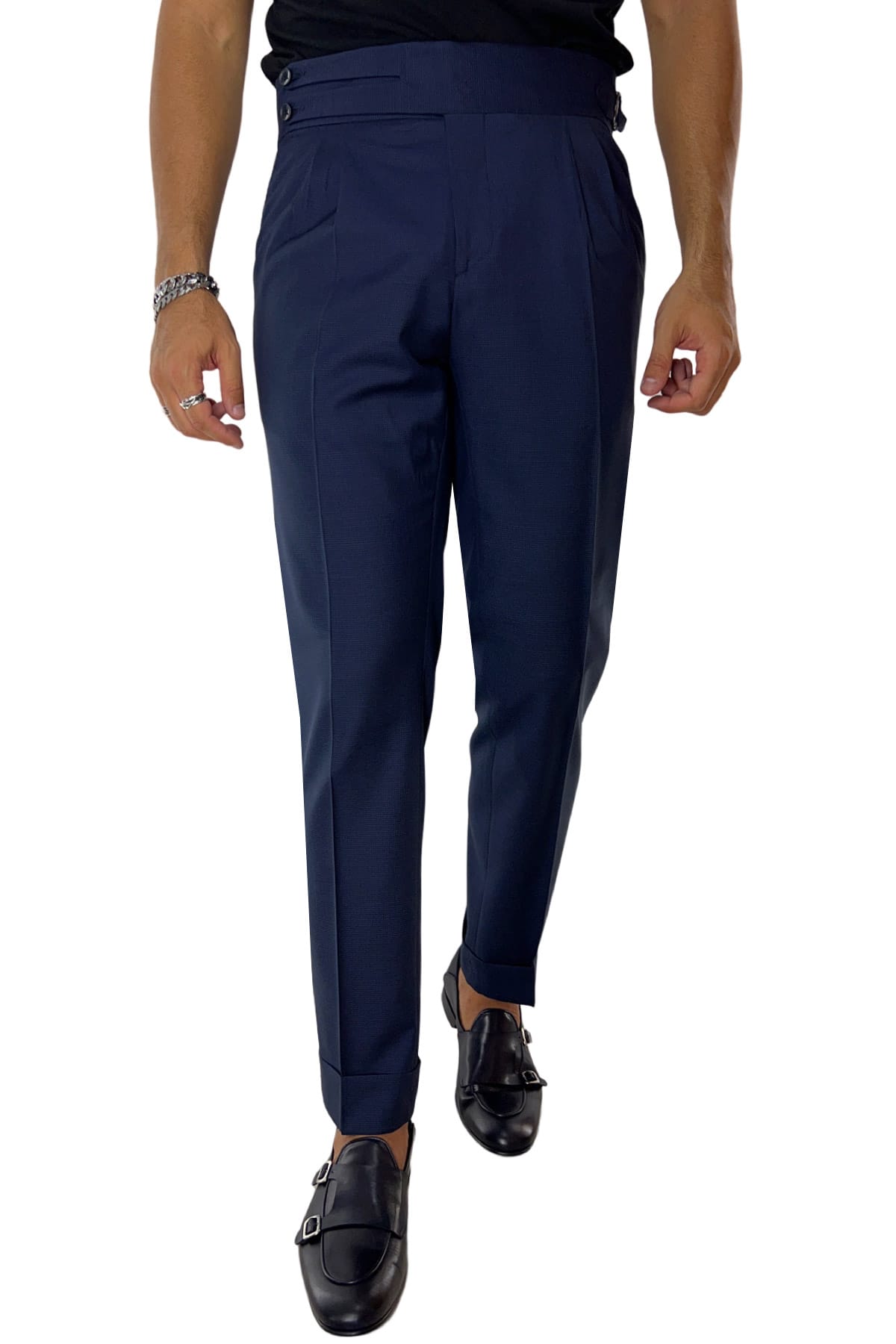 Pantalone uomo blu pied de poule vita alta modello biforcato in fresco lana super 120's  Holland & Sherry
