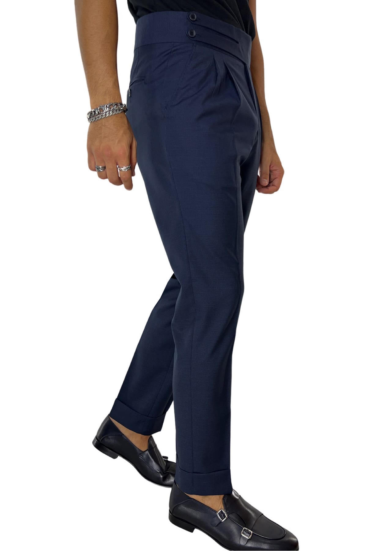 Pantalone uomo blu pied de poule vita alta modello biforcato in fresco lana super 120's  Holland & Sherry