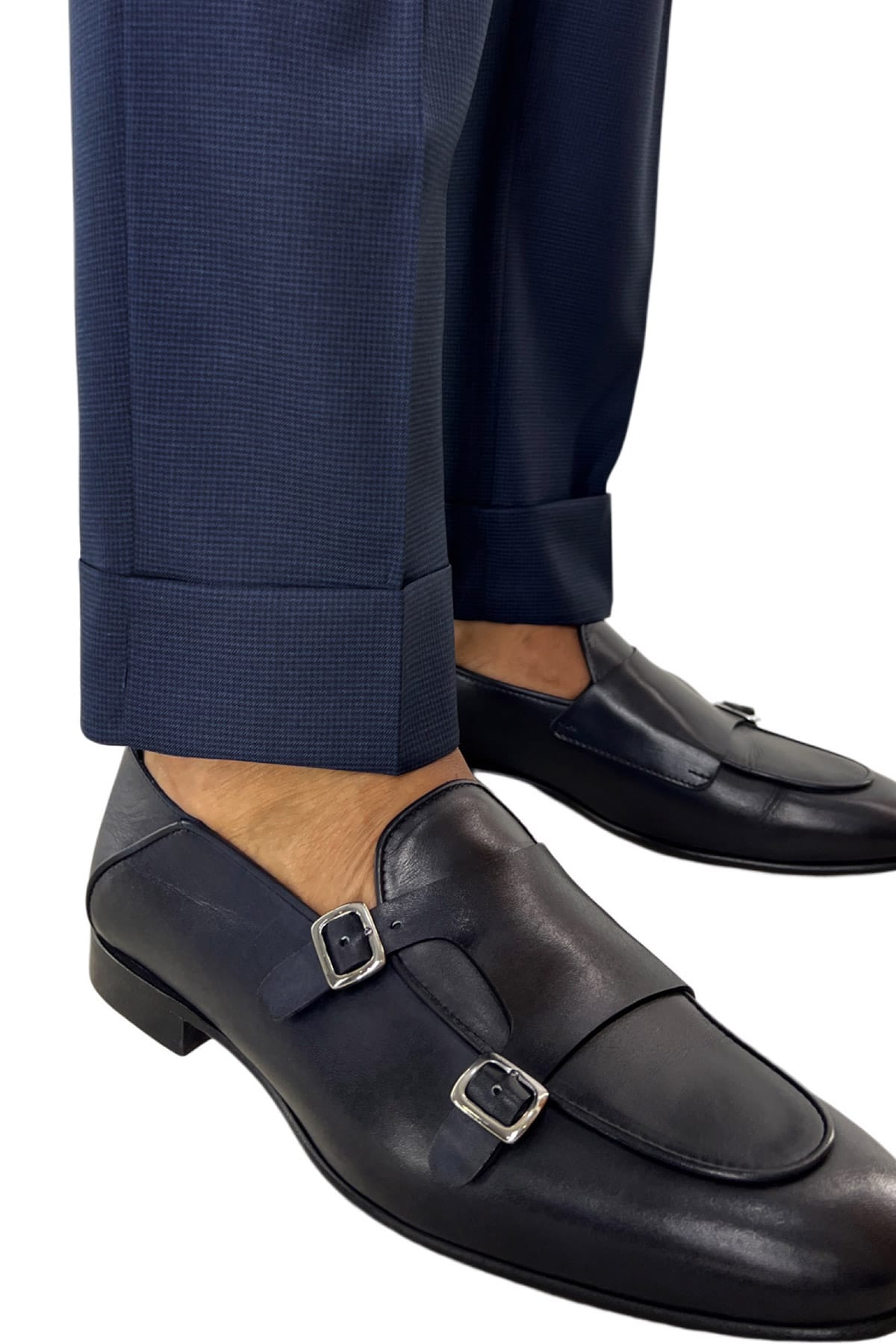 Pantalone uomo blu pied de poule vita alta modello biforcato in fresco lana super 120's  Holland & Sherry