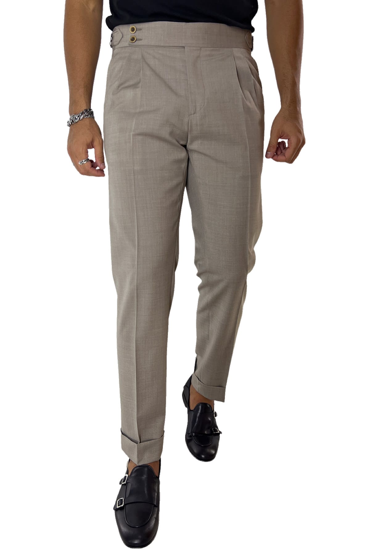 Pantalone uomo fango vita alta doppia pinces in fresco lana misto