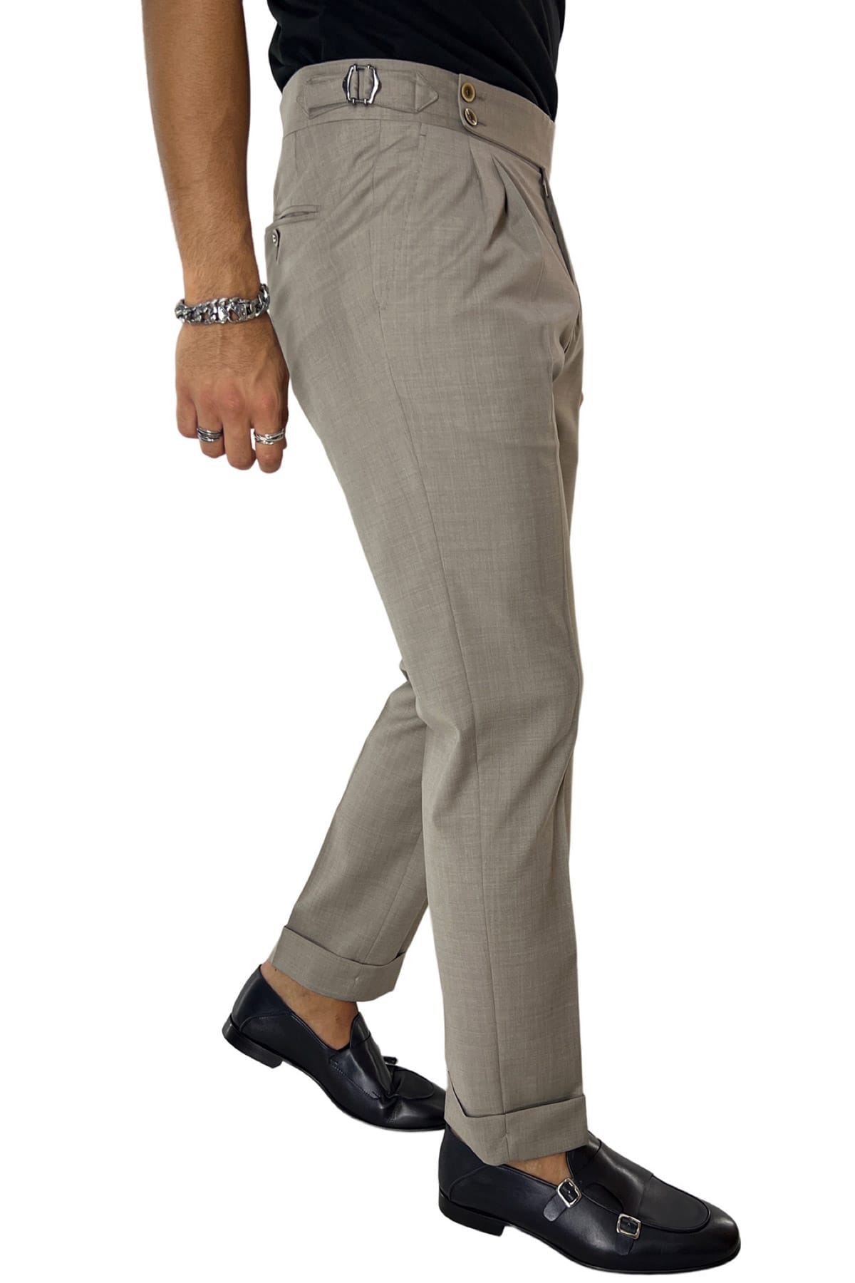 Pantalone uomo fango vita alta doppia pinces in fresco lana misto