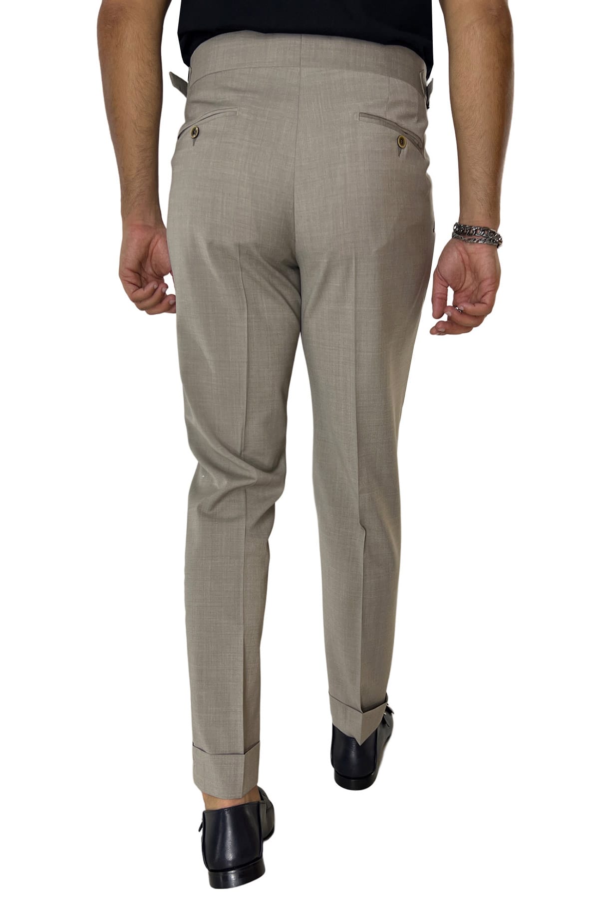 Pantalone uomo fango vita alta doppia pinces in fresco lana misto