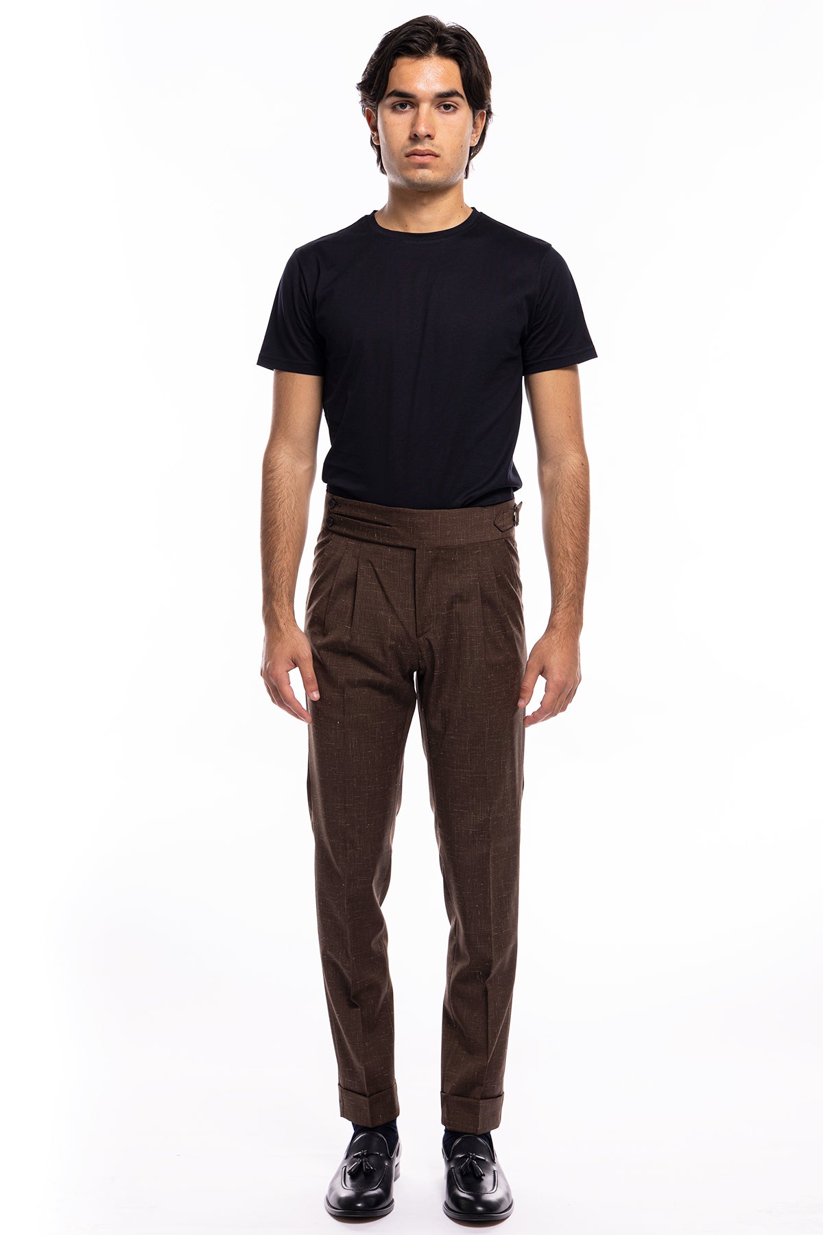 Pantalone uomo marrone pied de poule vita alta modello biforcato in fresco lana doppia pinces