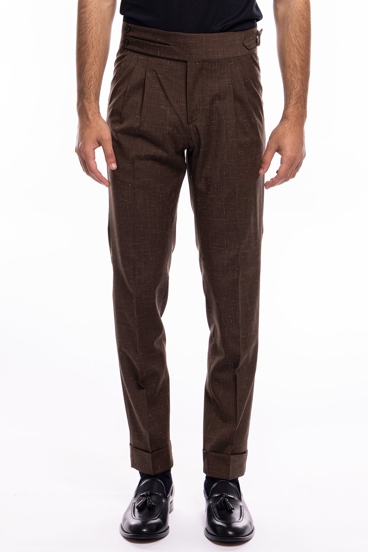 Pantalone uomo marrone pied de poule vita alta modello biforcato in fresco lana doppia pinces