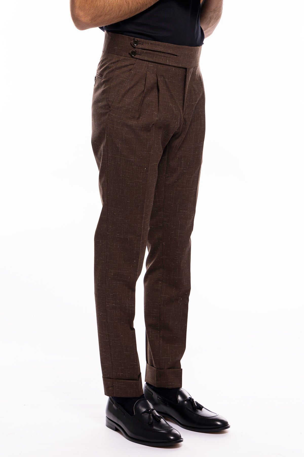 Pantalone uomo marrone pied de poule vita alta modello biforcato in fresco lana doppia pinces