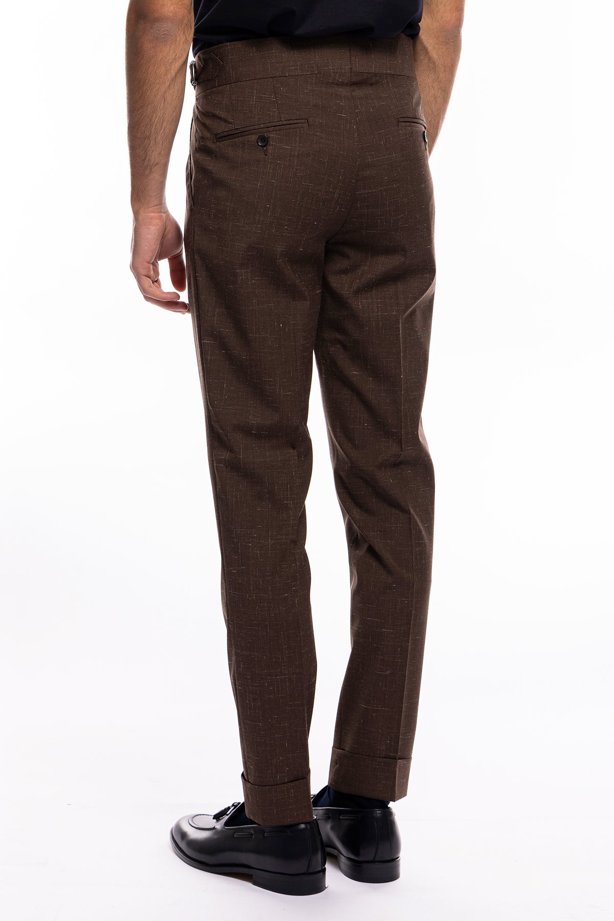 Pantalone uomo marrone pied de poule vita alta modello biforcato in fresco lana doppia pinces