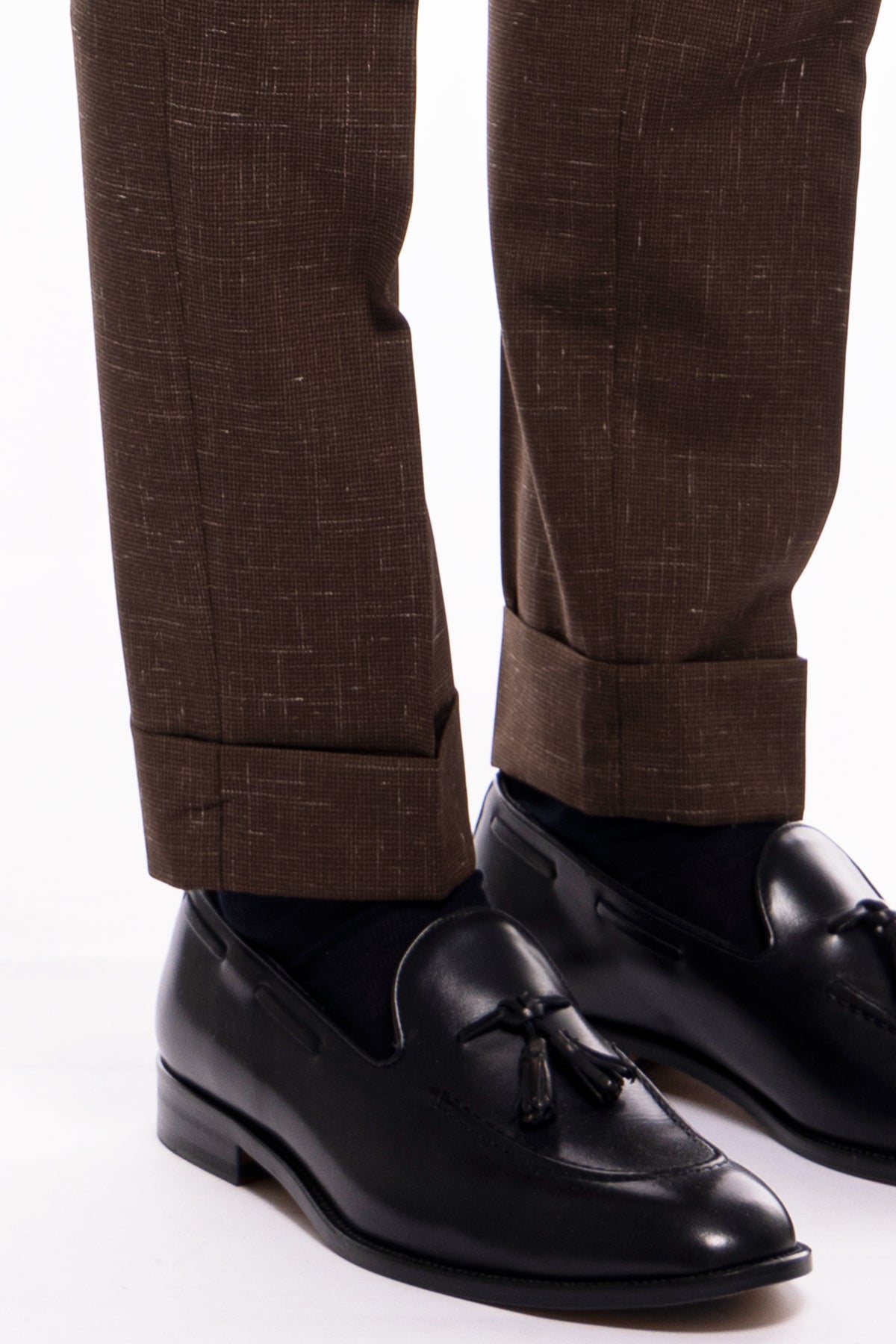 Pantalone uomo marrone pied de poule vita alta modello biforcato in fresco lana doppia pinces