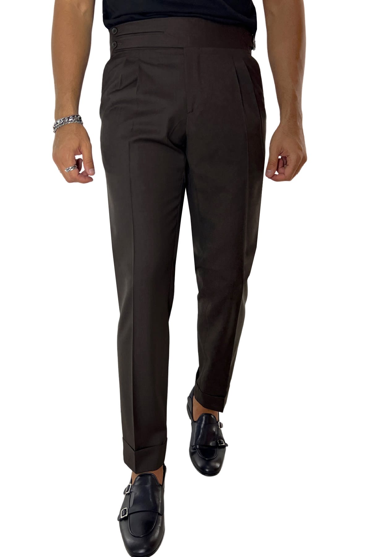 Pantalone uomo  marrone vita alta modello biforcato in fresco lana super 120's  Holland & Sherry