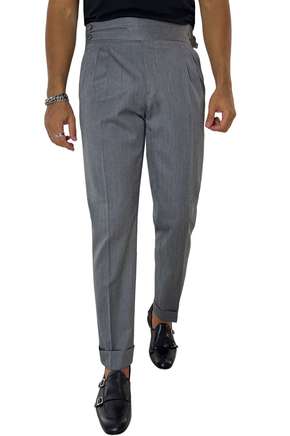 Pantalone uomo grigio medio vita alta modello biforcato in fresco lana super 130's  Holland & Sherry