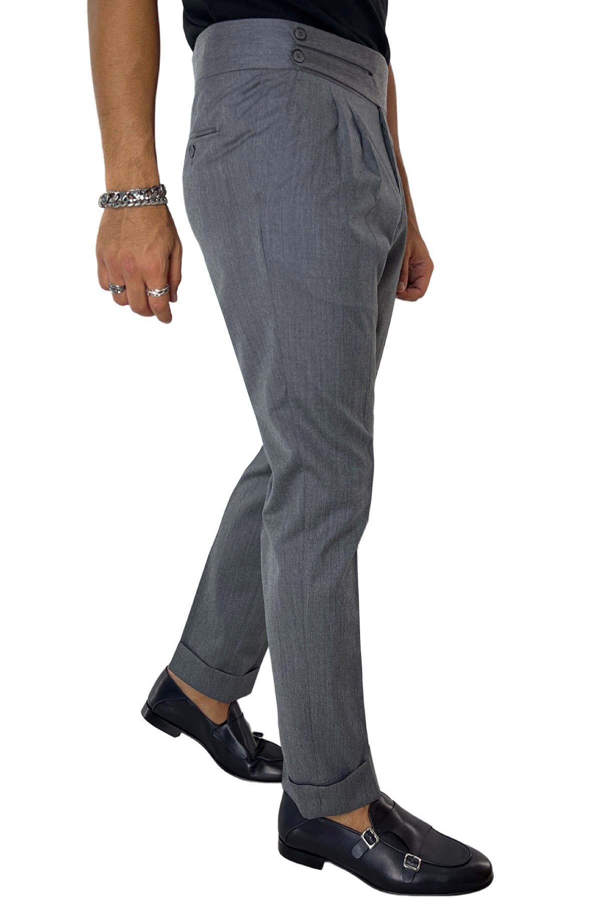 Pantalone uomo grigio medio vita alta modello biforcato in fresco lana super 130's  Holland & Sherry