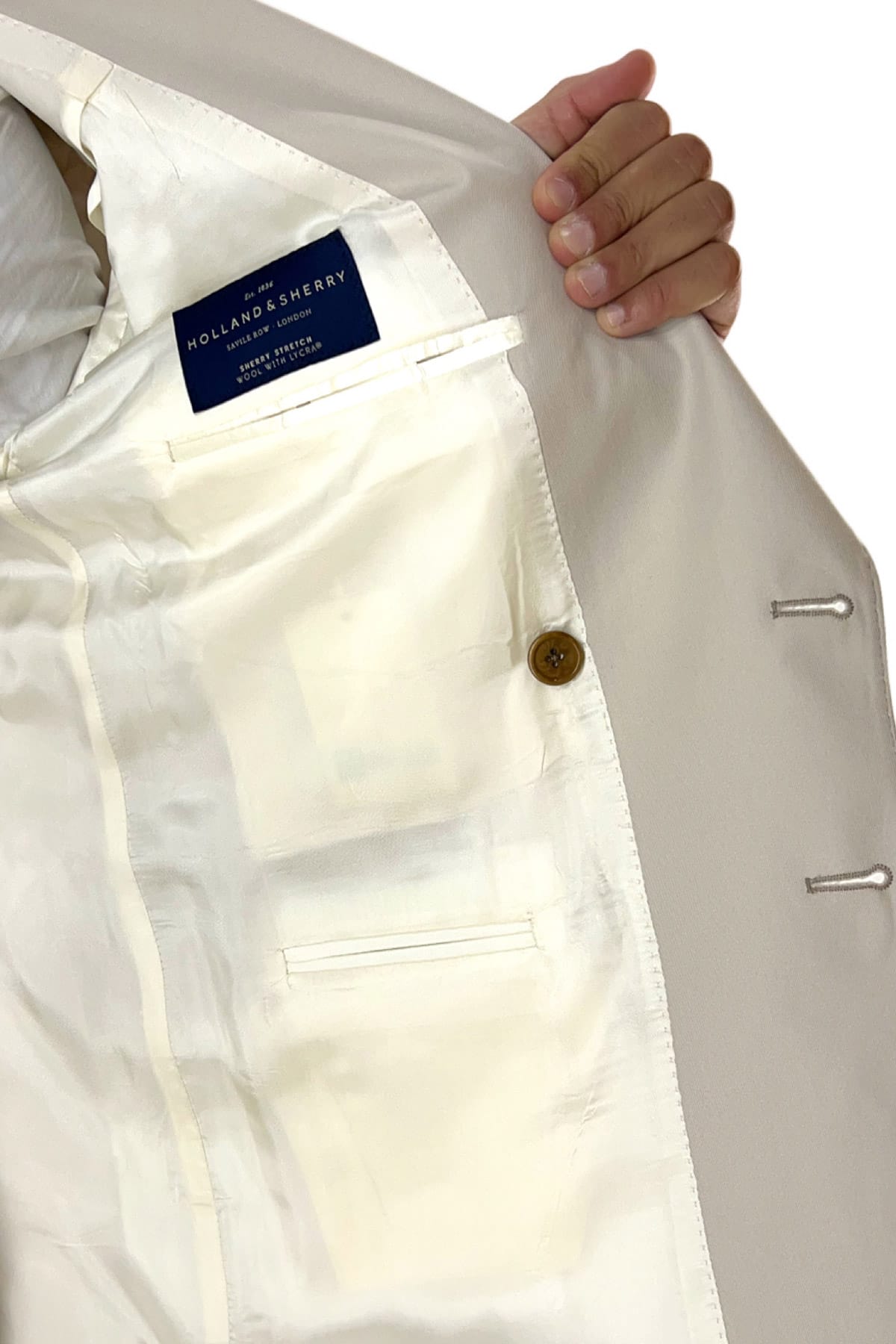 Giacca uomo doppiopetto beige rever a lancia larga in cotone 100% Holland & Sherry