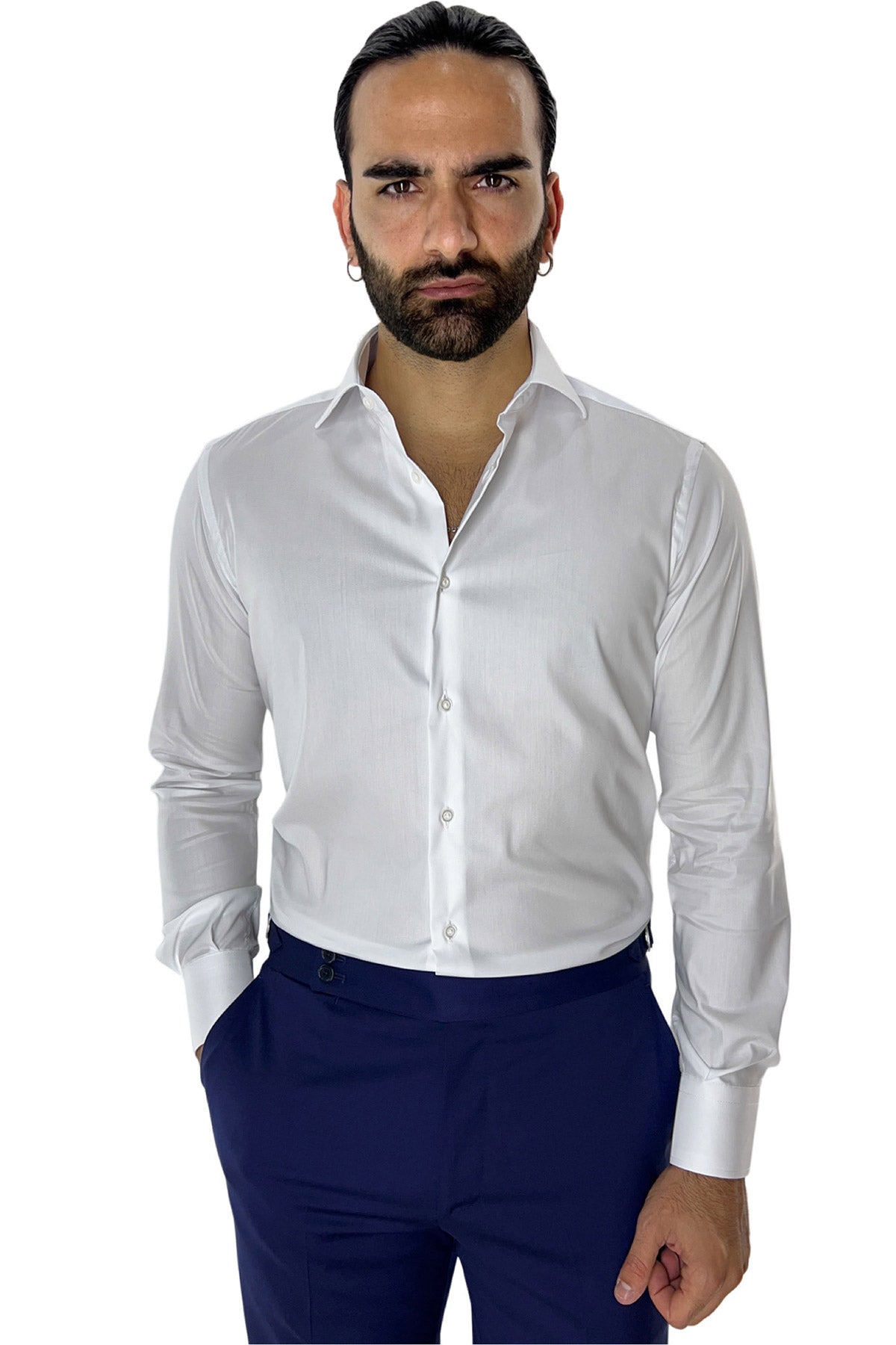 Camicia Uomo slim fit cotone Elastico Collo semi francese tinta unita sartoriale