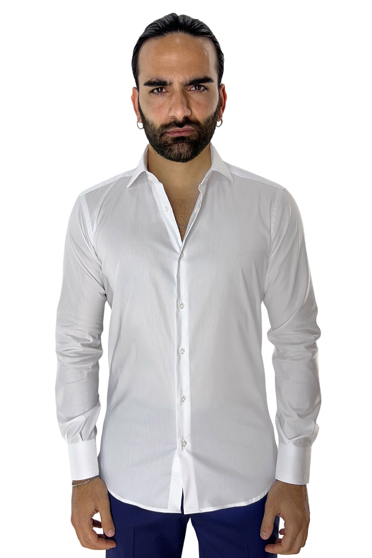 Camicia Uomo slim fit cotone Elastico Collo semi francese tinta unita sartoriale