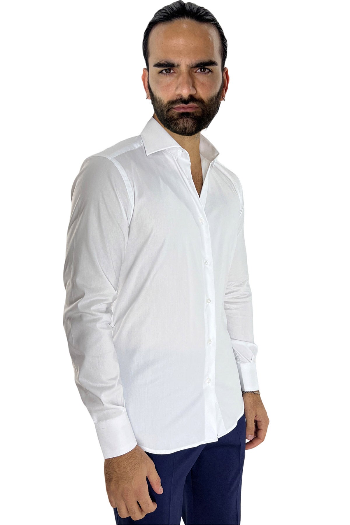 Camicia Uomo slim fit cotone Elastico Collo semi francese tinta unita sartoriale