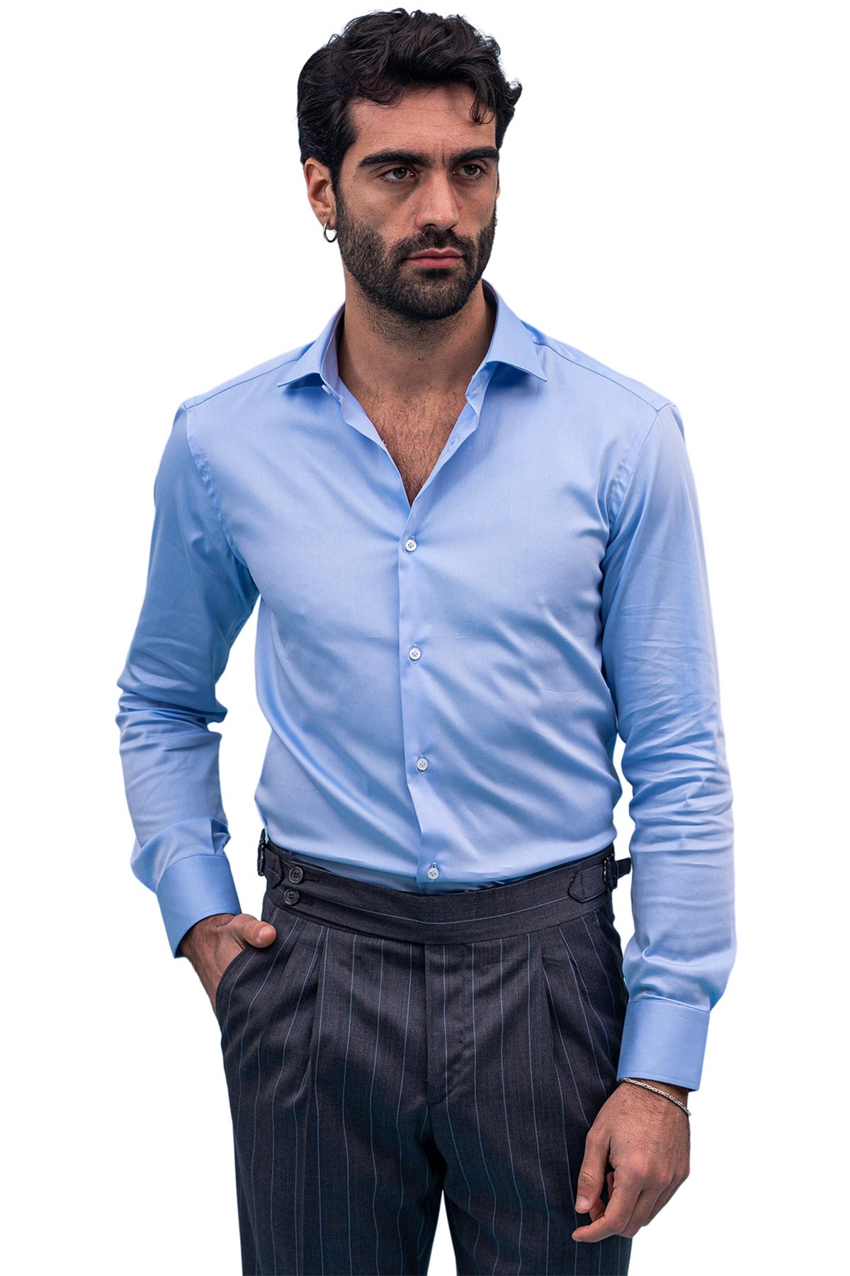 Camicia Uomo slim fit cotone Elastico Collo semi francese tinta unita sartoriale