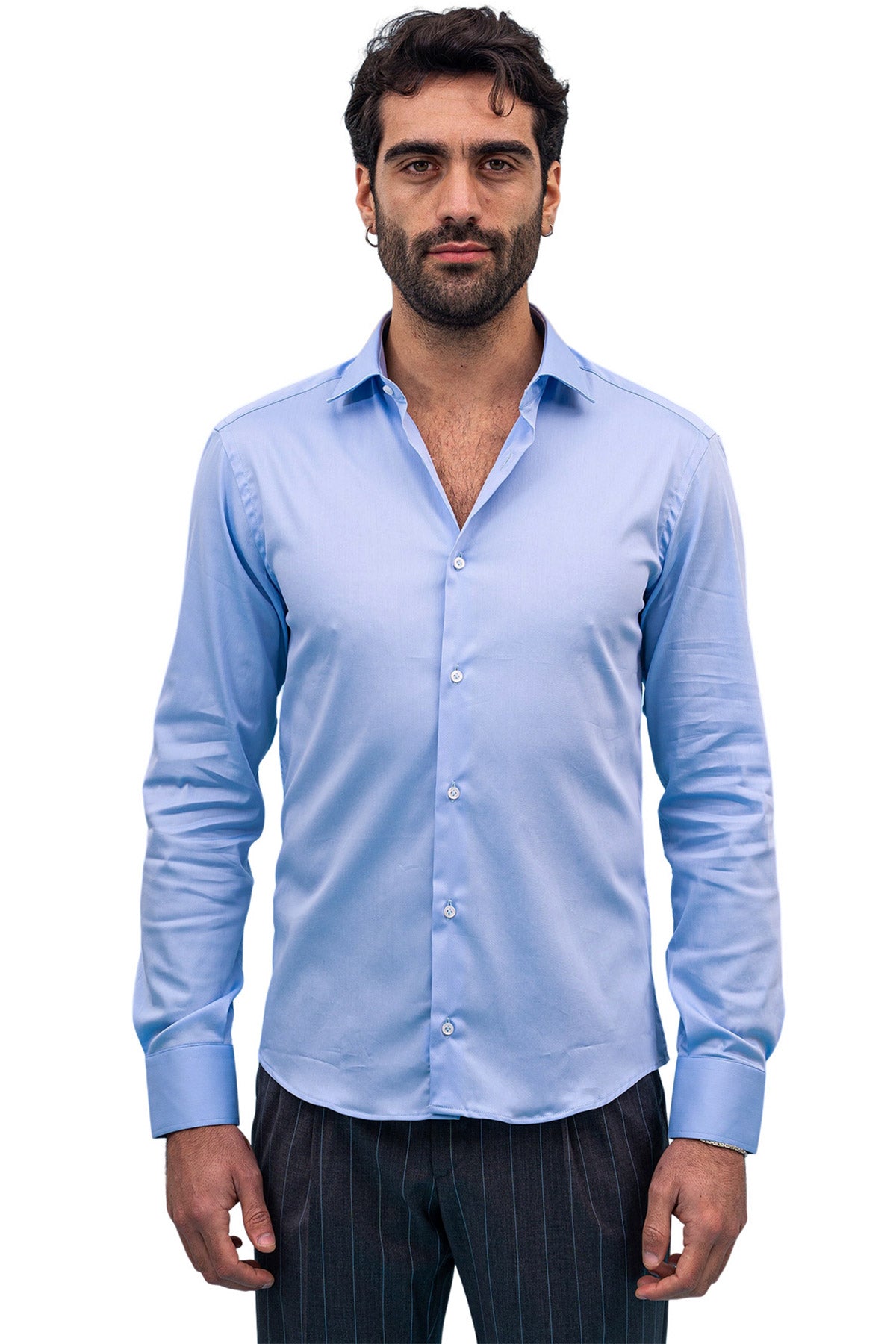 Camicia Uomo slim fit cotone Elastico Collo semi francese tinta unita sartoriale