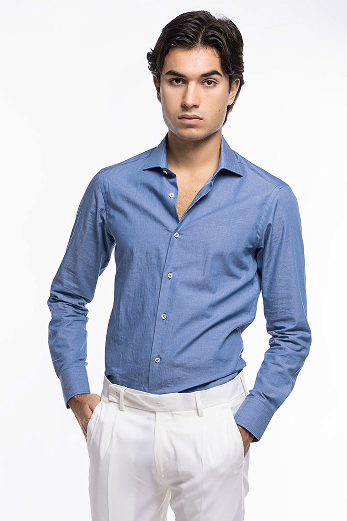 Camicia Uomo slim fit in cotone 100% denim chiaro Collo semi francese