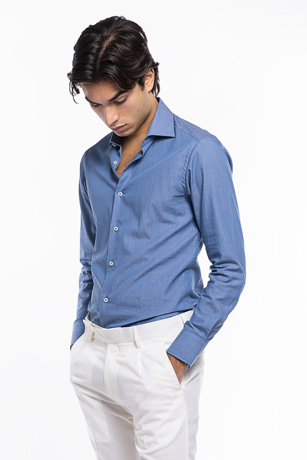 Camicia Uomo slim fit in cotone 100% denim chiaro Collo semi francese