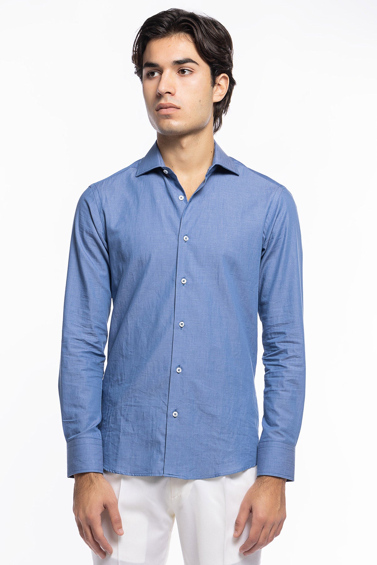 Camicia Uomo slim fit in cotone 100% denim chiaro Collo semi francese
