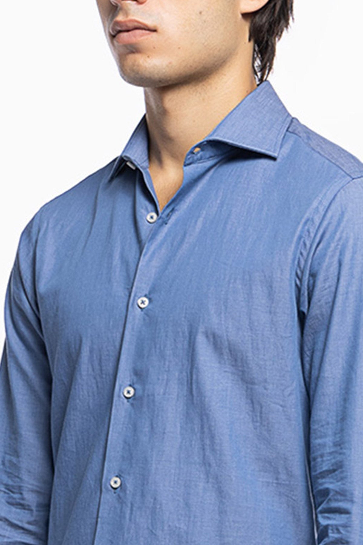 Camicia Uomo slim fit in cotone 100% denim chiaro Collo semi francese