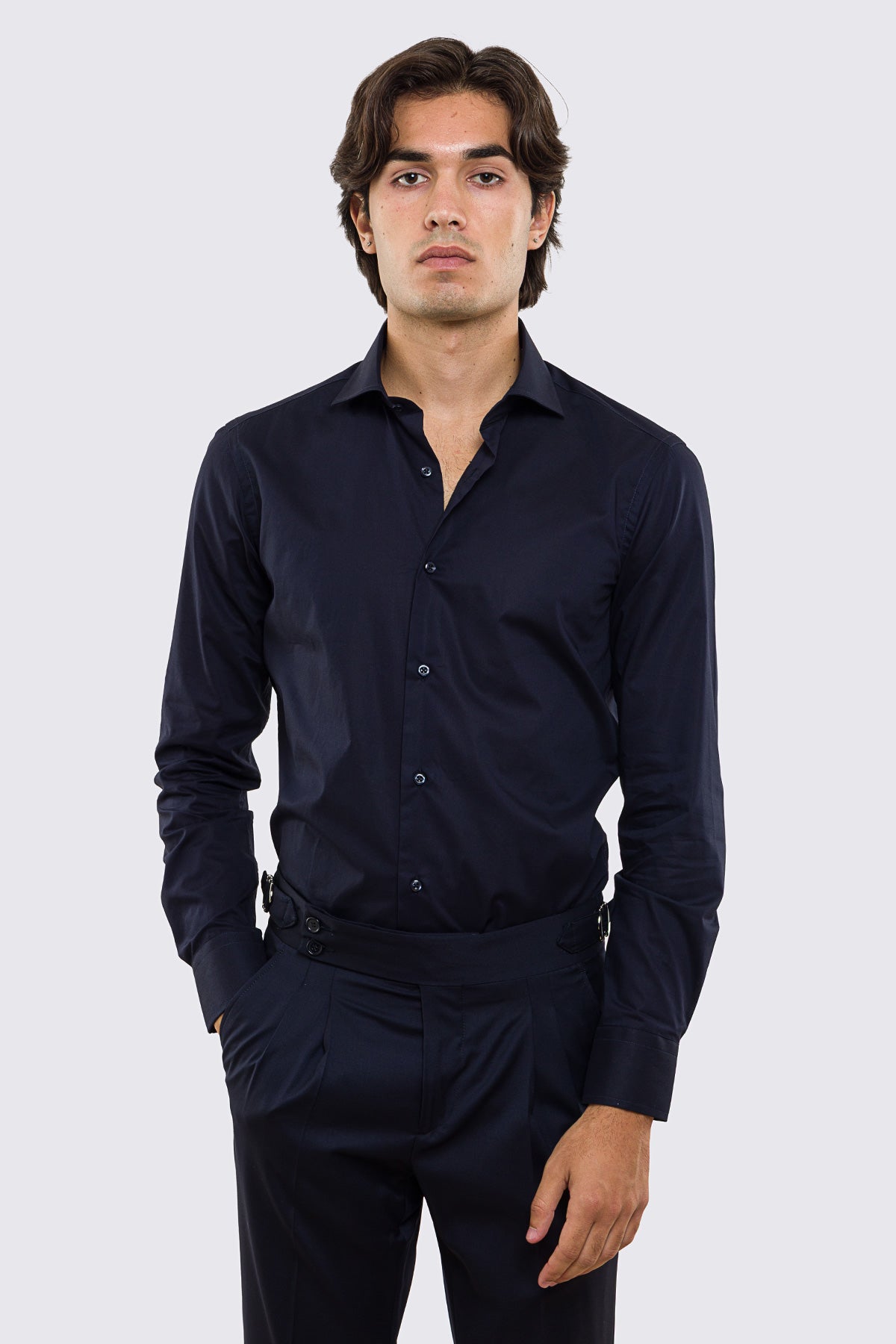 Camicia Uomo Slim fit 100% cotone morbido Collo semi francese tinta unita