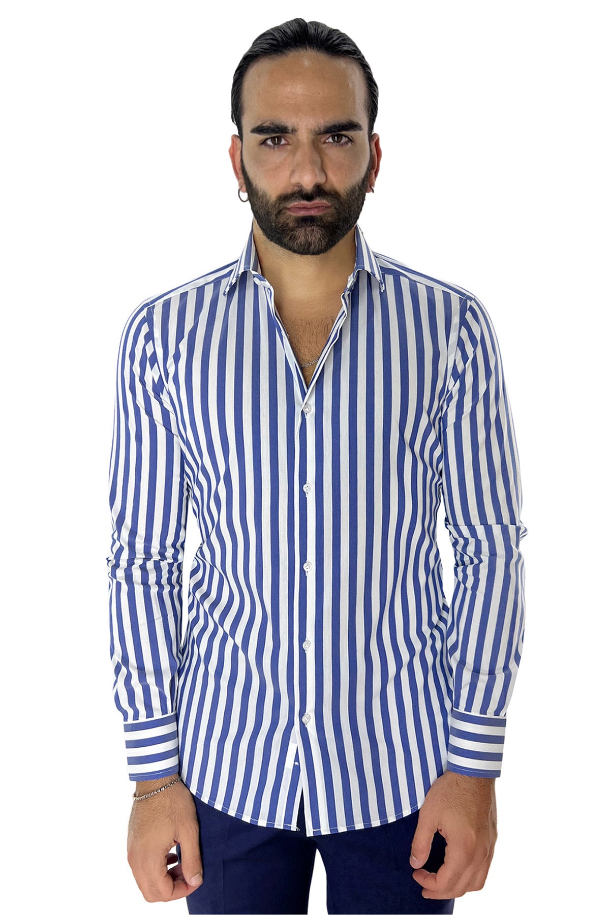 Camicia Uomo Righe Larghe slim fit cotone elastico Collo semi francese Made In Italy