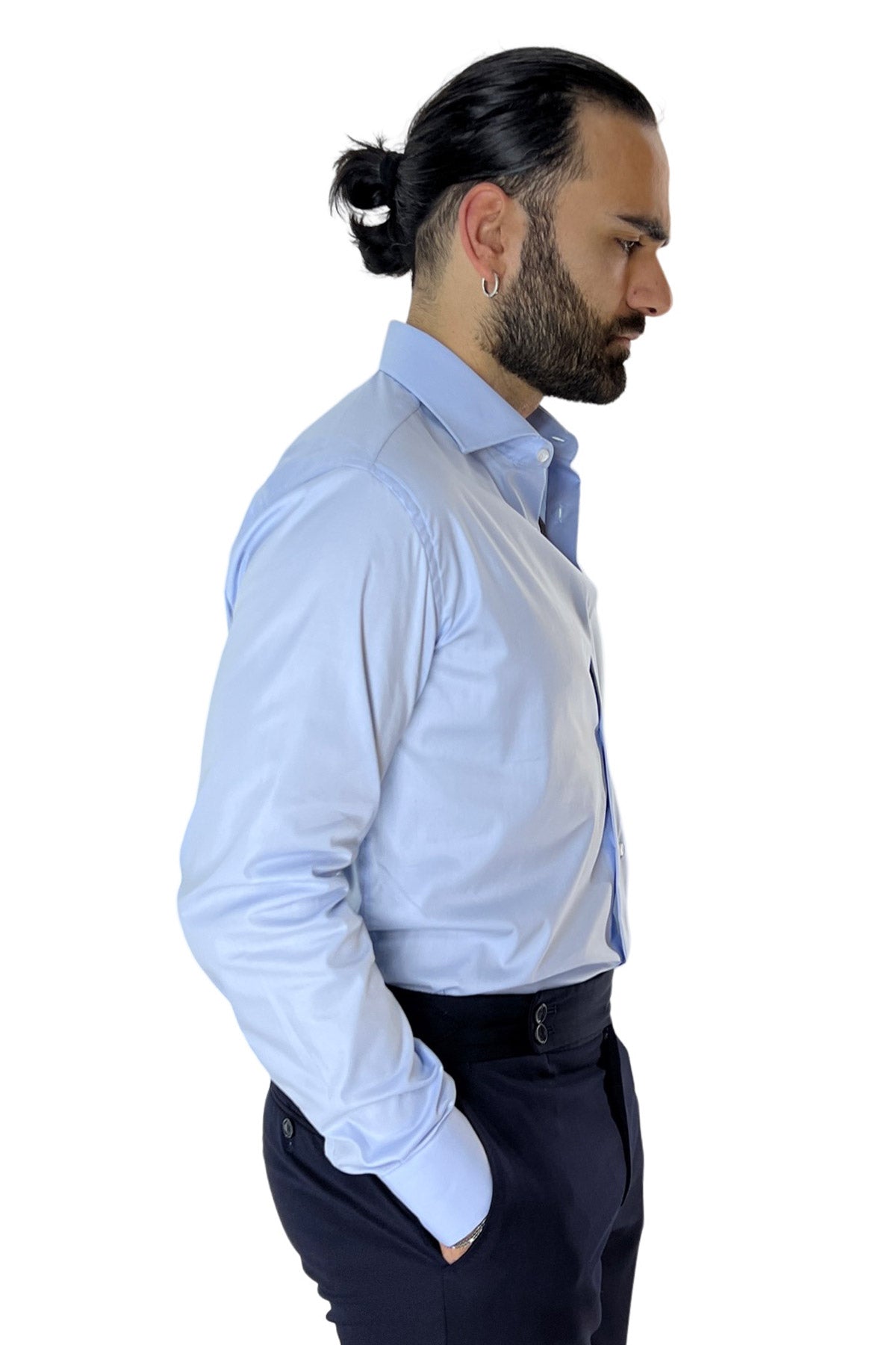 Camicia Uomo Regular fit cotone elastico Collo semi francese tinta unita made in italy