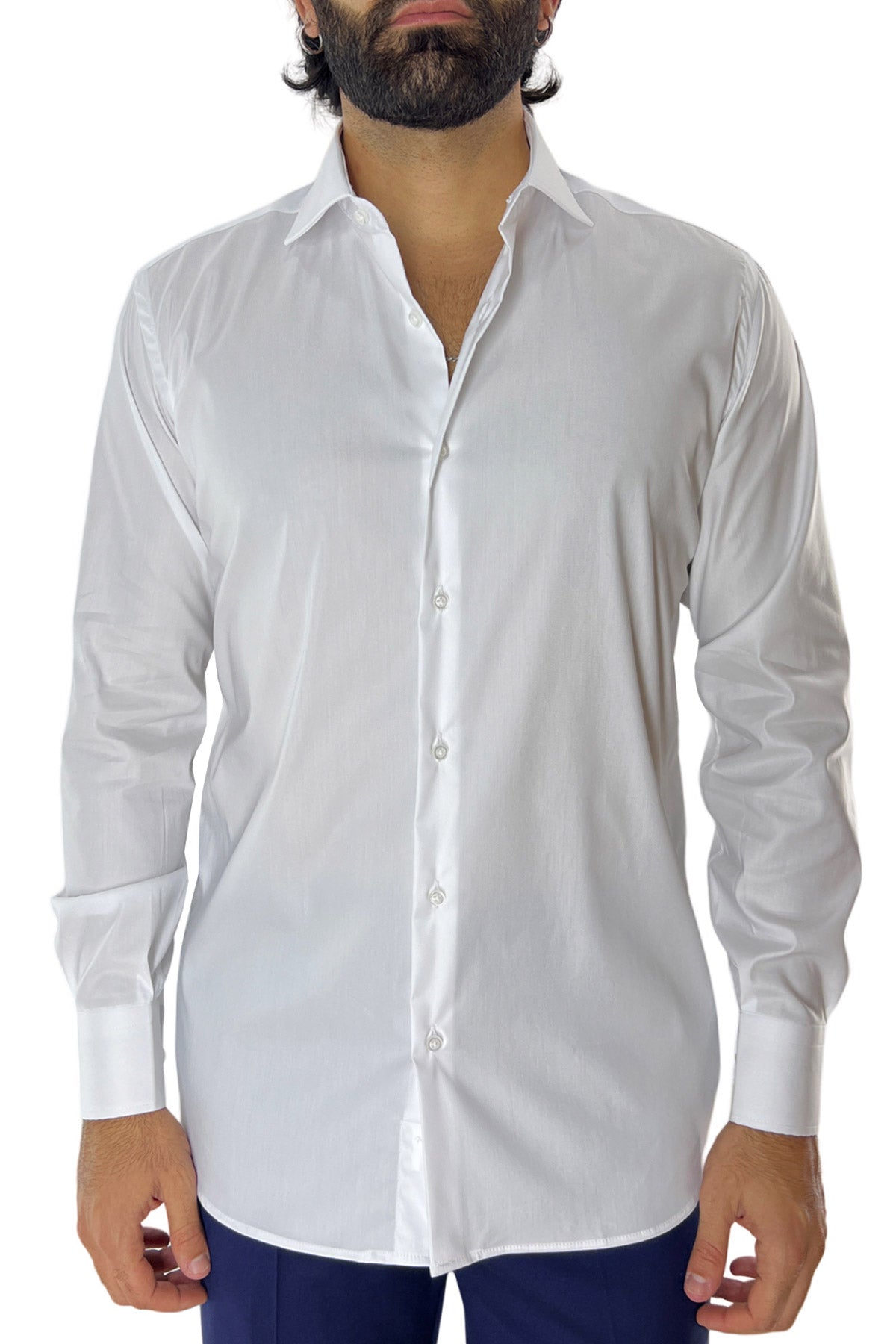 Camicia Uomo Regular fit cotone elastico Collo semi francese tinta unita made in italy