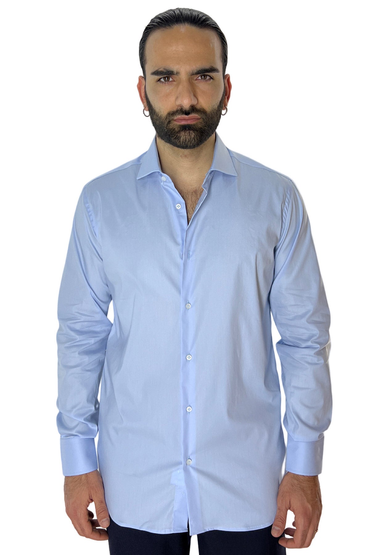 Camicia Uomo Regular fit cotone elastico Collo semi francese tinta unita made in italy