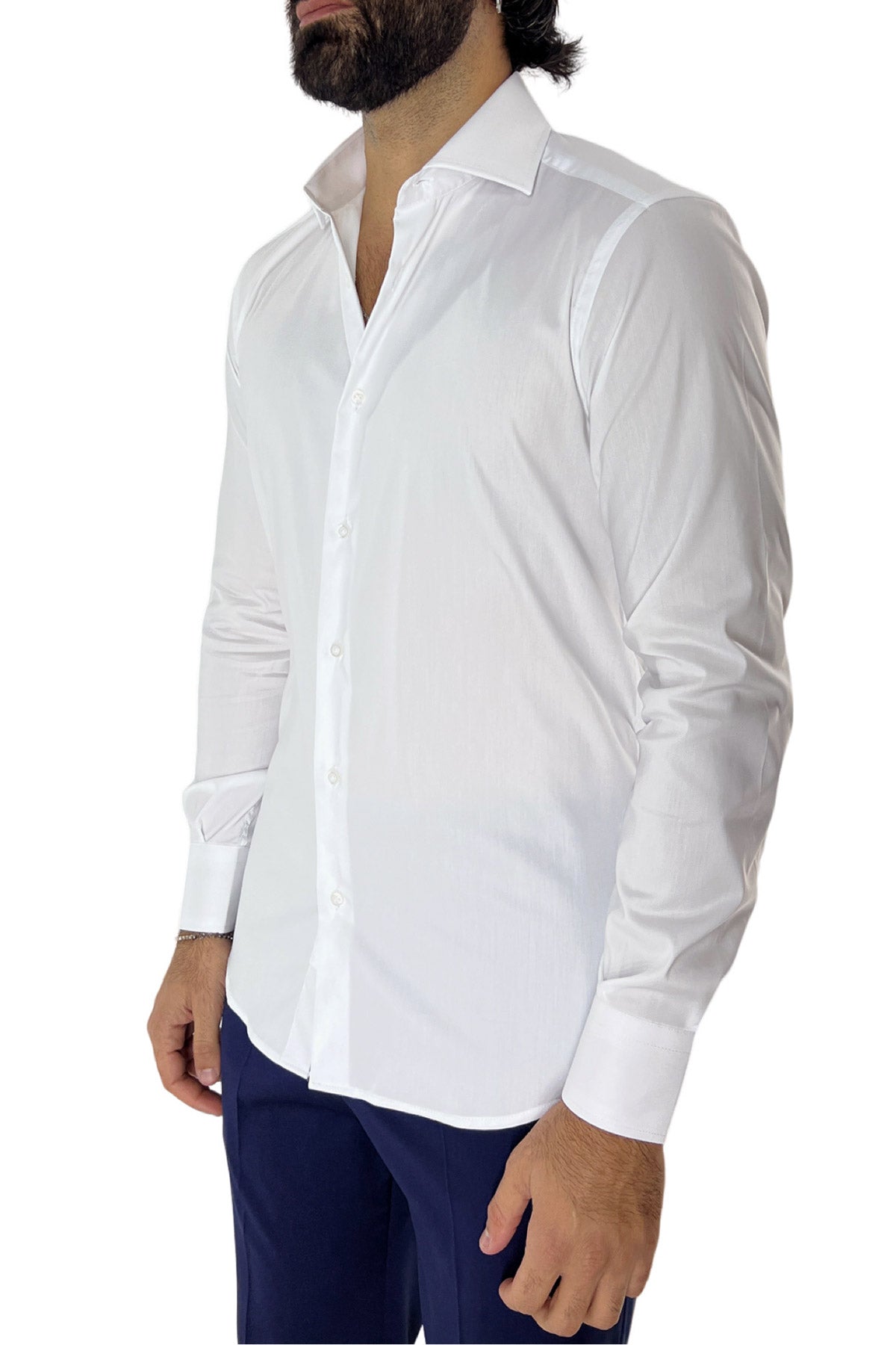 Camicia Uomo Regular fit cotone elastico Collo semi francese tinta unita made in italy
